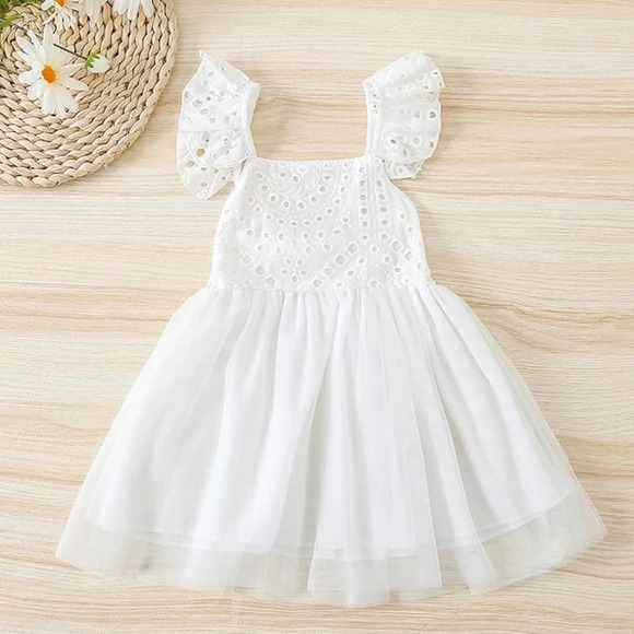 Baby Toddler Girls Embroidered Eyelet Tulle Dress Princess Girl Ruffle 9-12 M - Picture 2 of 13